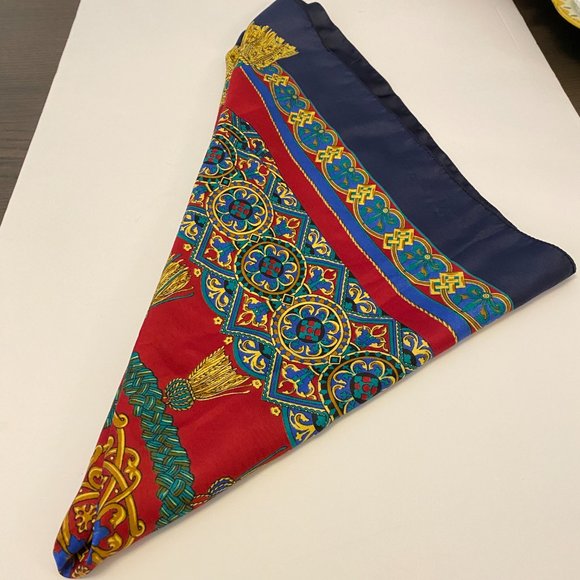 Square Scarf Mandala and Tassels Burgundy Navy Gold - Picture 4 of 5